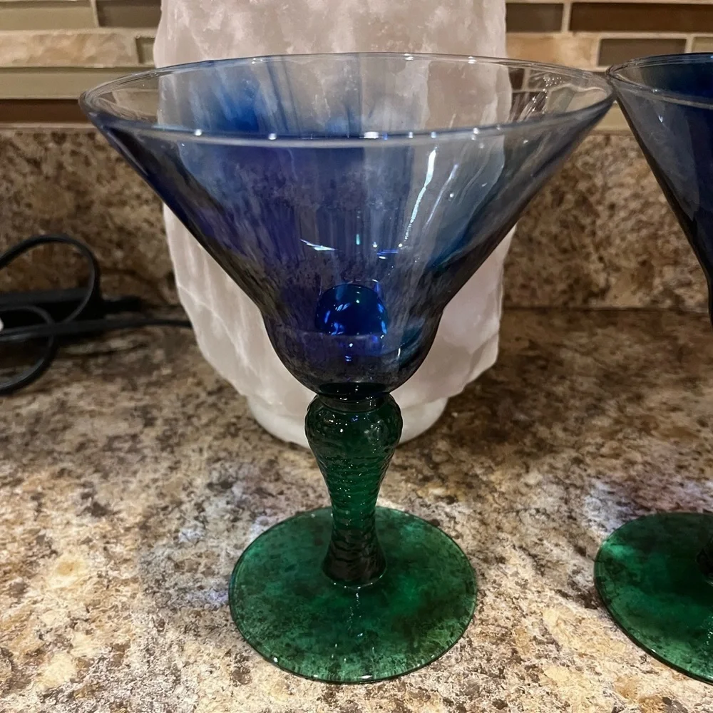 Vintage Libbey Marbleique Blue Swirl and Green Martini Glasses Set of 2